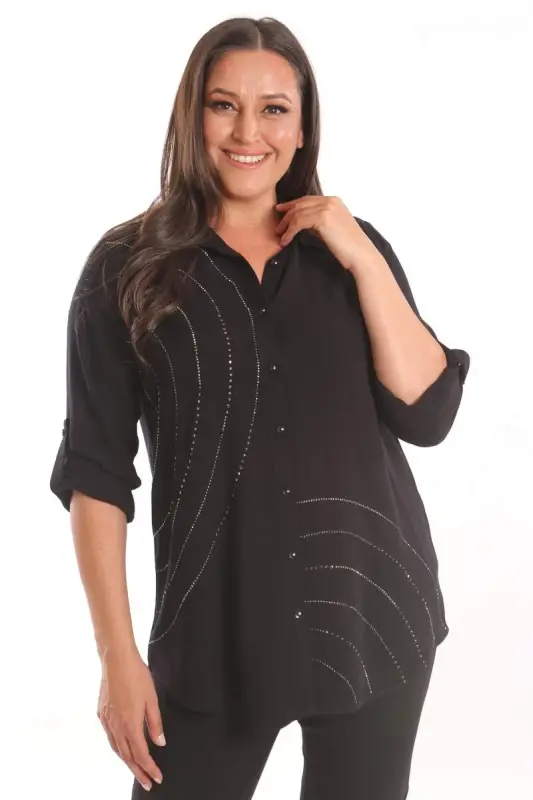 Plus Size Stone Print Detailed Woven Black Shirt - 1