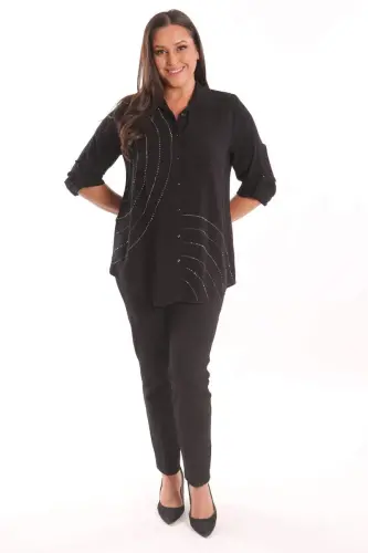Plus Size Stone Print Detailed Woven Black Shirt - 2