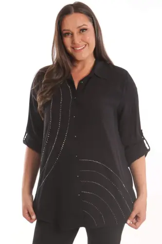 Plus Size Stone Print Detailed Woven Black Shirt - 3