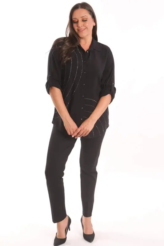 Plus Size Stone Print Detailed Woven Black Shirt - 4