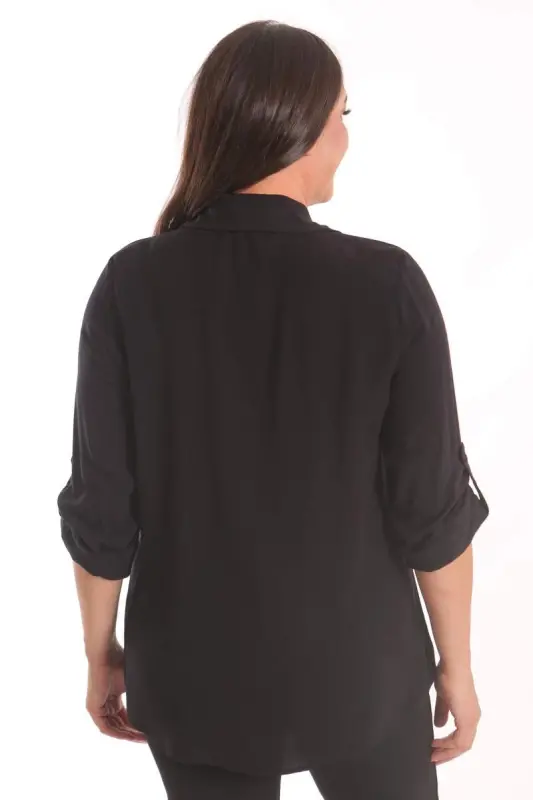 Plus Size Stone Print Detailed Woven Black Shirt - 5