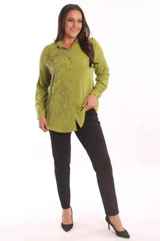 Plus Size Stone Print Detailed Woven Pistachio Green Shirt - 2