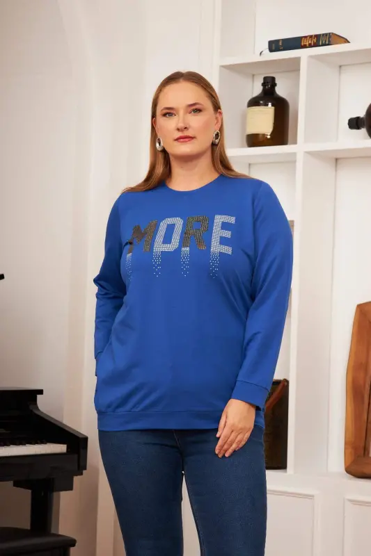 Plus Size Stone Print Sweatshirt Sax. - BÜYÜKBEDENIZ