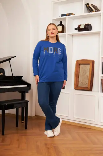 Plus Size Stone Print Sweatshirt Sax. - 4