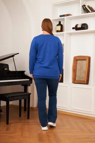 Plus Size Stone Print Sweatshirt Sax. - 5