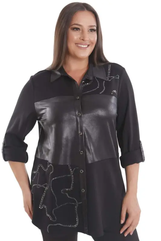 Plus Size Stone Printed Black Shirt with Leather Details - 1