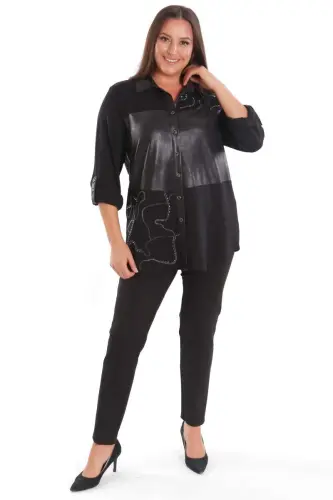 Plus Size Stone Printed Black Shirt with Leather Details - 4