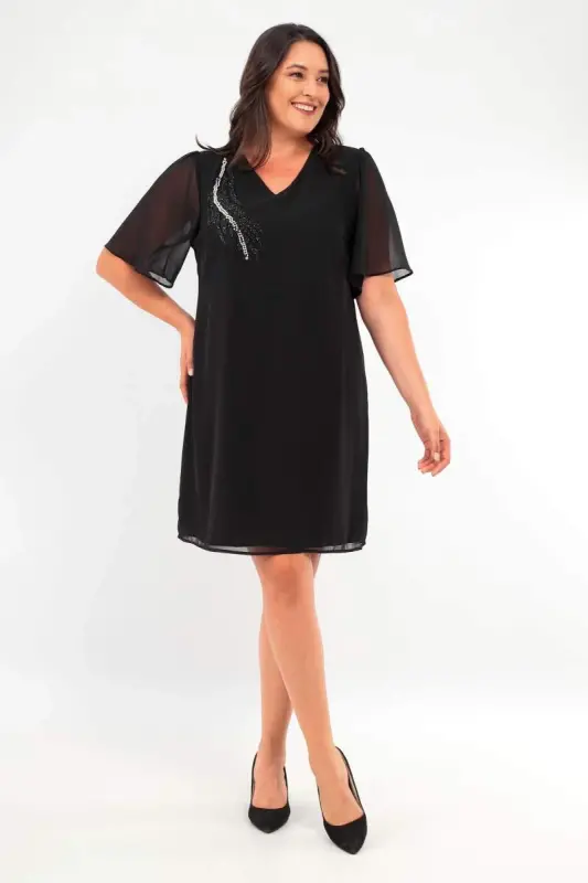 Plus Size Stone Printed Chiffon Black Dress - 3