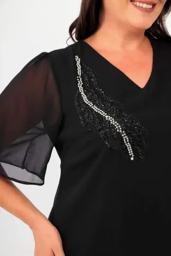 Plus Size Stone Printed Chiffon Black Dress - 4