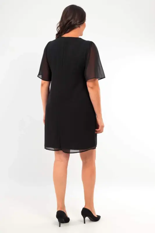 Plus Size Stone Printed Chiffon Black Dress - 5