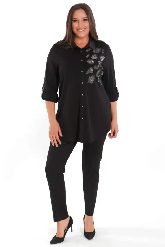 Plus Size Stone Printed Detailed Knitted Black Shirt - 4