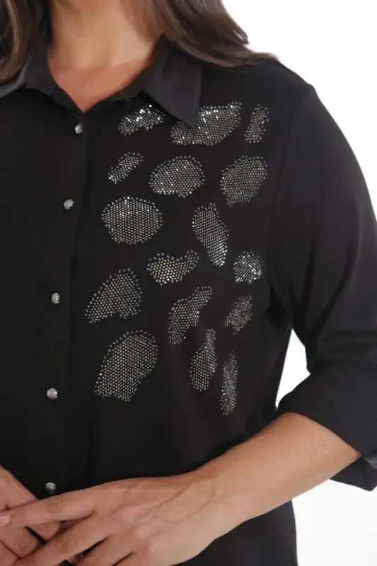 Plus Size Stone Printed Detailed Knitted Black Shirt - 6