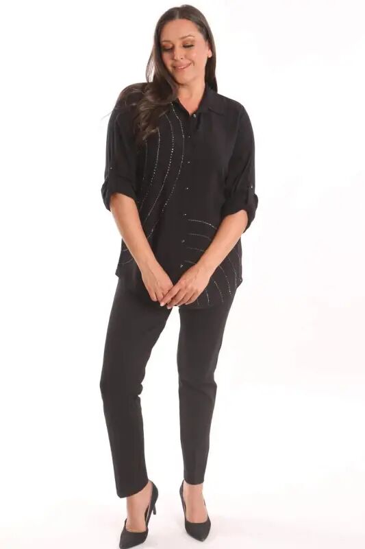 Plus Size Stone Printed Detailed Woven Black Shirt - 4