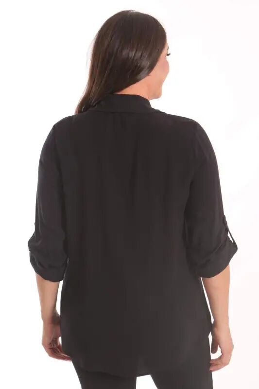 Plus Size Stone Printed Detailed Woven Black Shirt - 5