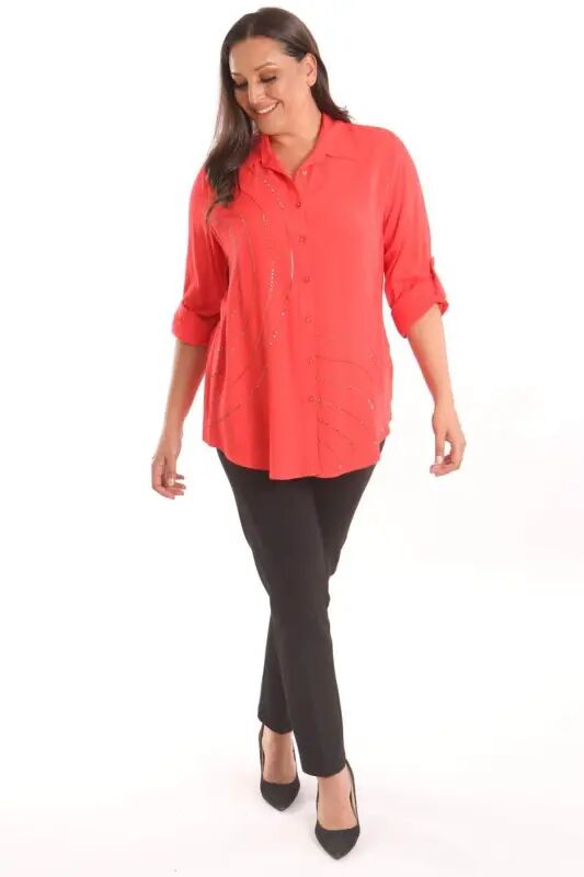 Plus Size Stone Printed Detailed Woven Coral Shirt - 4
