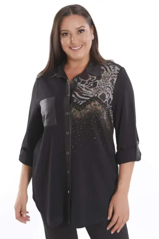 Plus Size Stone Printed Leather Pocket Detailed Knitted Black Shirt - BÜYÜKBEDENIZ