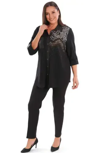 Plus Size Stone Printed Leather Pocket Detailed Knitted Black Shirt - 2