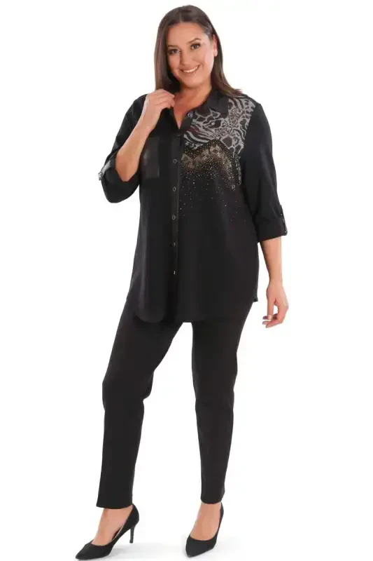 Plus Size Stone Printed Leather Pocket Detailed Knitted Black Shirt - 2