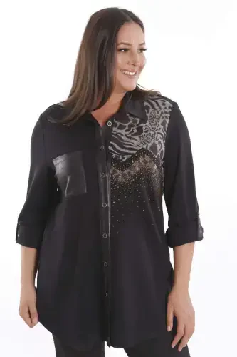 Plus Size Stone Printed Leather Pocket Detailed Knitted Black Shirt - 3