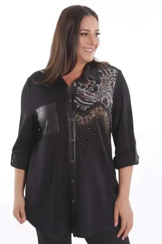 Plus Size Stone Printed Leather Pocket Detailed Knitted Black Shirt - 3