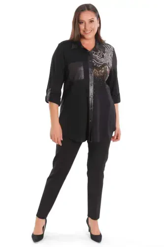 Plus Size Stone Printed Leather Pocket Detailed Knitted Black Shirt - 4