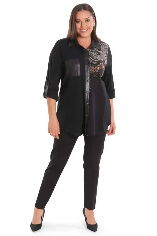 Plus Size Stone Printed Leather Pocket Detailed Knitted Black Shirt - 4