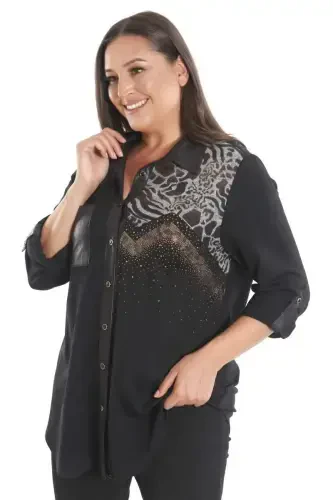 Plus Size Stone Printed Leather Pocket Detailed Knitted Black Shirt - 5