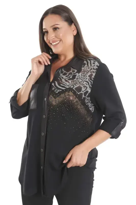 Plus Size Stone Printed Leather Pocket Detailed Knitted Black Shirt - 5