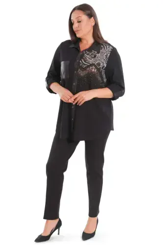 Plus Size Stone Printed Leather Pocket Detailed Knitted Black Shirt - 6