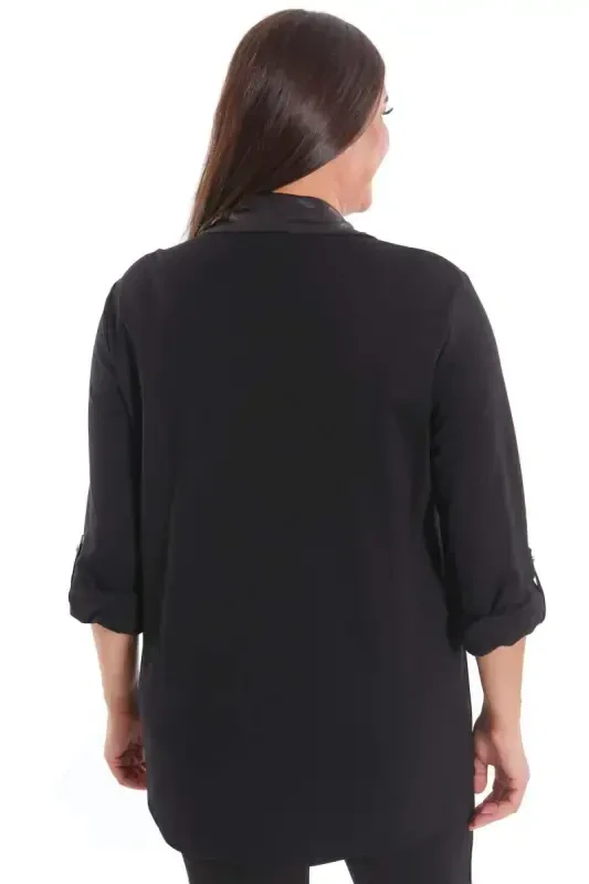 Plus Size Stone Printed Leather Pocket Detailed Knitted Black Shirt - 8