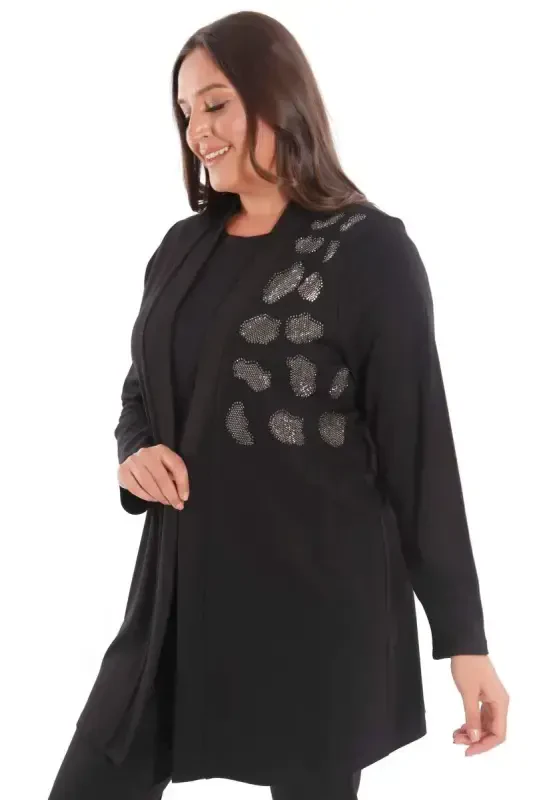 Plus Size Stone Printed Long Black Cardigan - 1