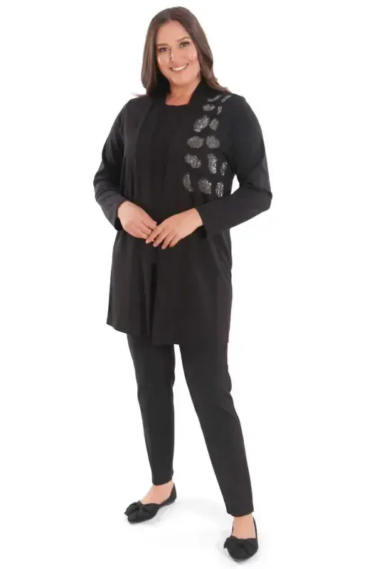 Plus Size Stone Printed Long Black Cardigan - 2