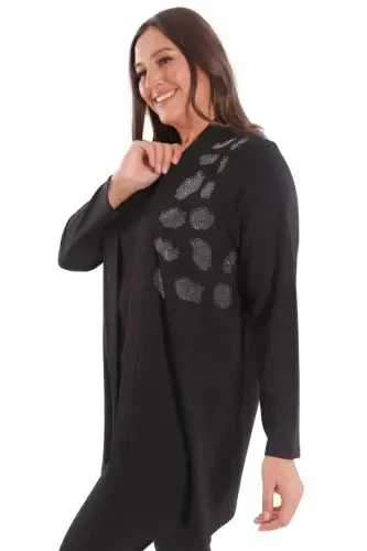 Plus Size Stone Printed Long Black Cardigan - 3