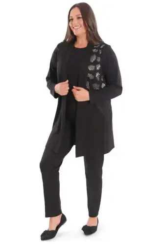 Plus Size Stone Printed Long Black Cardigan - 4