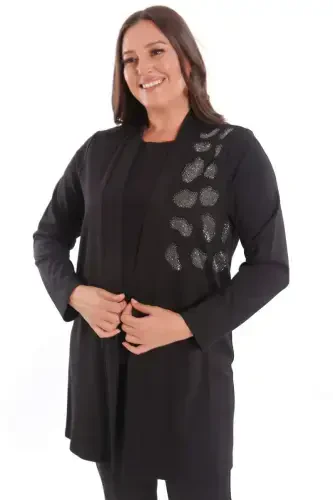 Plus Size Stone Printed Long Black Cardigan - 5