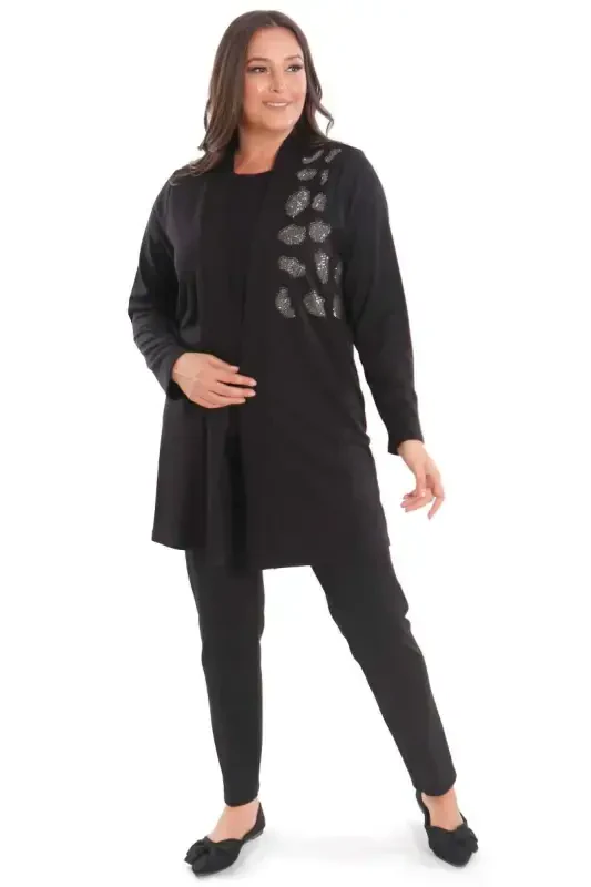 Plus Size Stone Printed Long Black Cardigan - 6