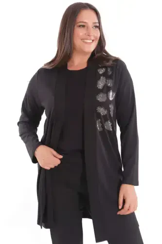 Plus Size Stone Printed Long Black Cardigan - 7