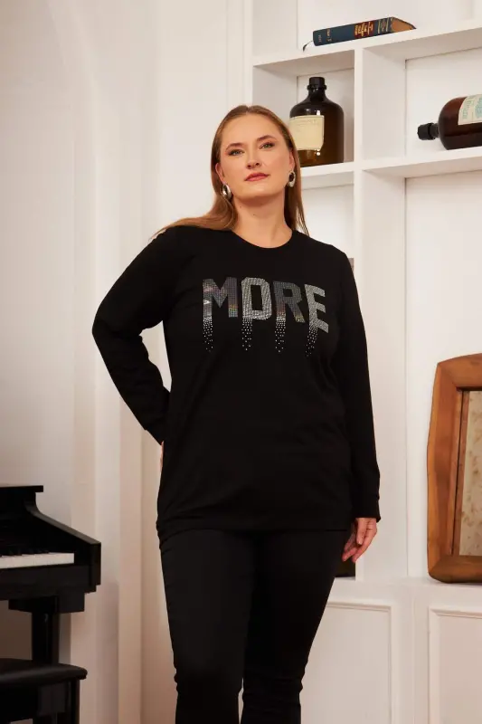 Plus Size Stone Printed Sweatshirt Black - 1
