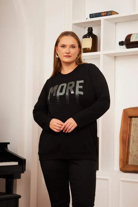 Plus Size Stone Printed Sweatshirt Black - 2
