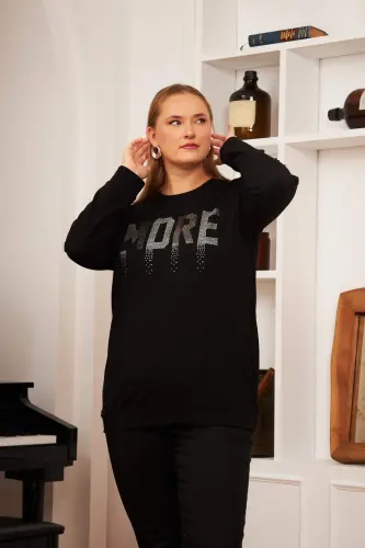 Plus Size Stone Printed Sweatshirt Black - 3