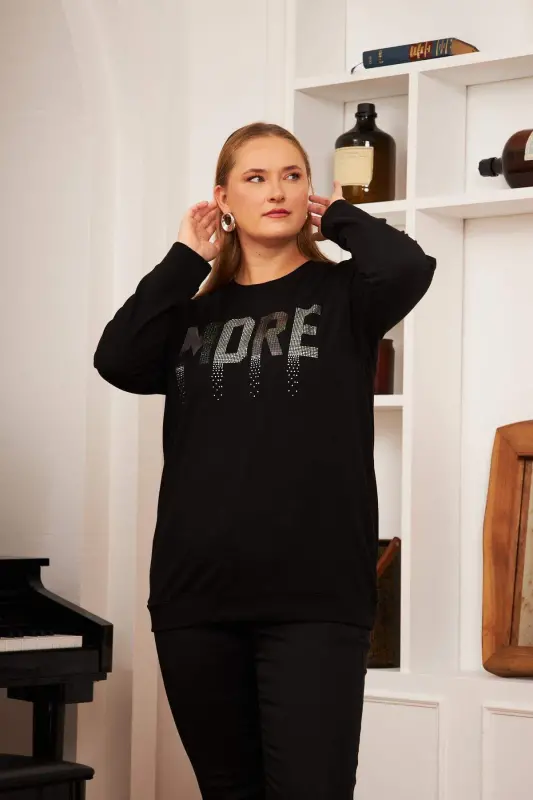 Plus Size Stone Printed Sweatshirt Black - 3