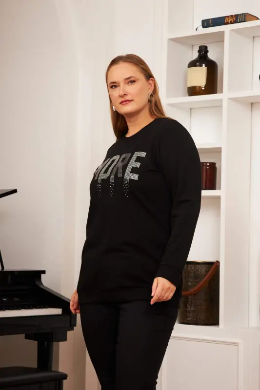Plus Size Stone Printed Sweatshirt Black - 4