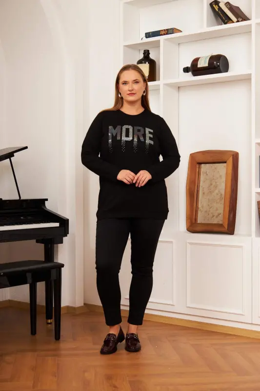 Plus Size Stone Printed Sweatshirt Black - 5