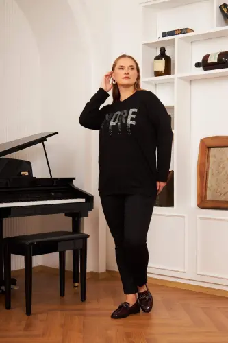Plus Size Stone Printed Sweatshirt Black - 6
