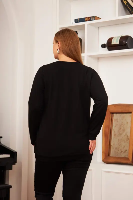 Plus Size Stone Printed Sweatshirt Black - 7