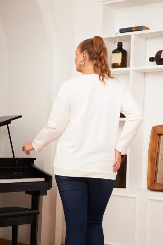 Plus Size Stone Printed Sweatshirt Ecru - 7