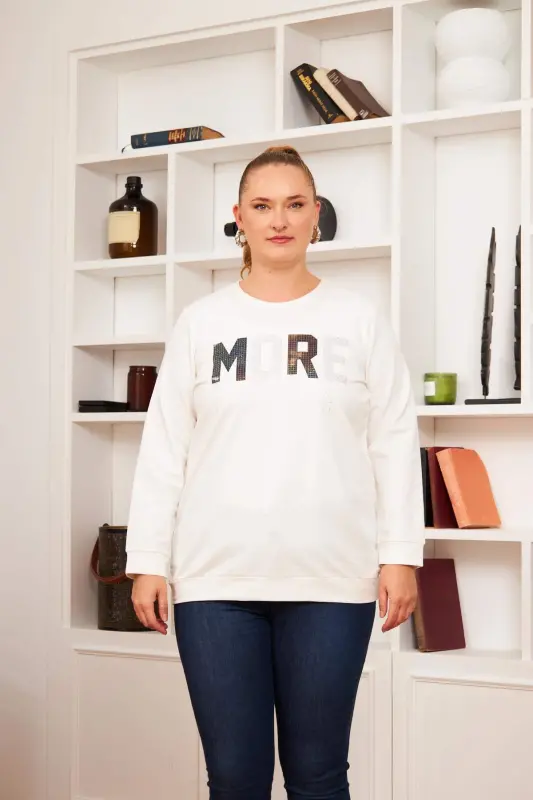 Plus Size Stone Printed Sweatshirt Ecru - 1