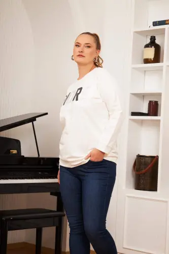 Plus Size Stone Printed Sweatshirt Ecru - BÜYÜKBEDENIZ (1)