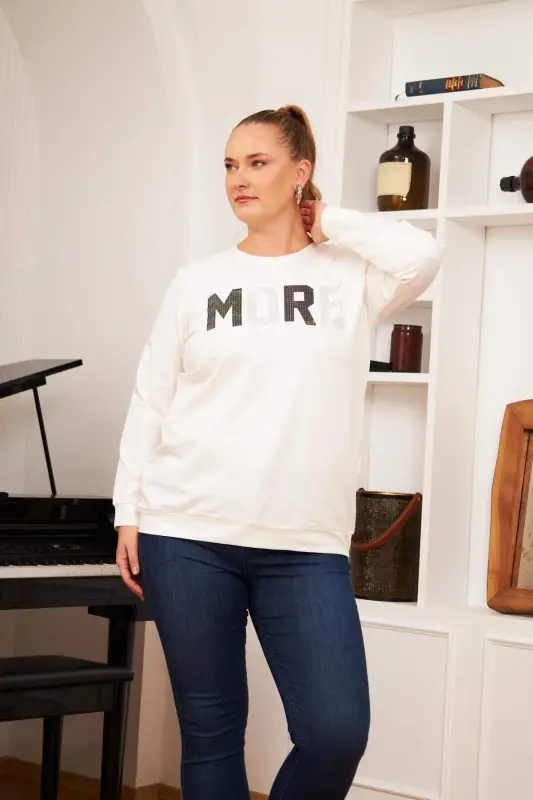 Plus Size Stone Printed Sweatshirt Ecru - 3