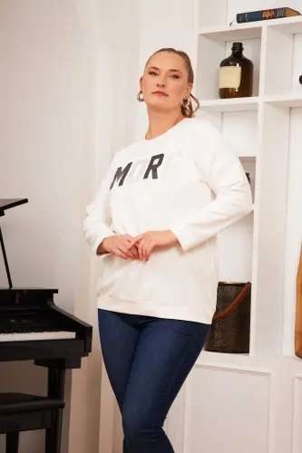 Plus Size Stone Printed Sweatshirt Ecru - 4